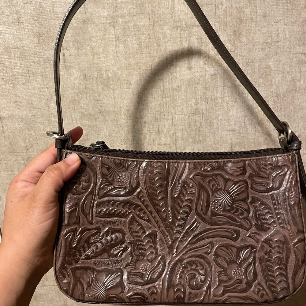 Valerie Stevens Floral Embossed Brown Shoulder Bag